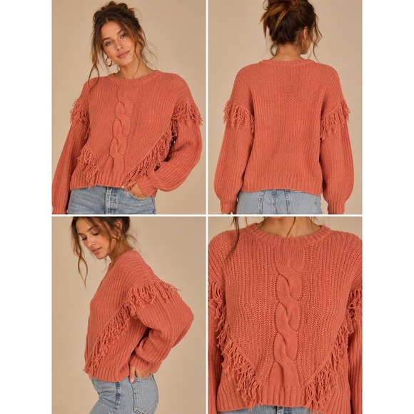Willow Moon Sweaters - Willow Moon XXL Chenille Cable Knit Fringe Sweater Terracotta Pink Boho Pullover
